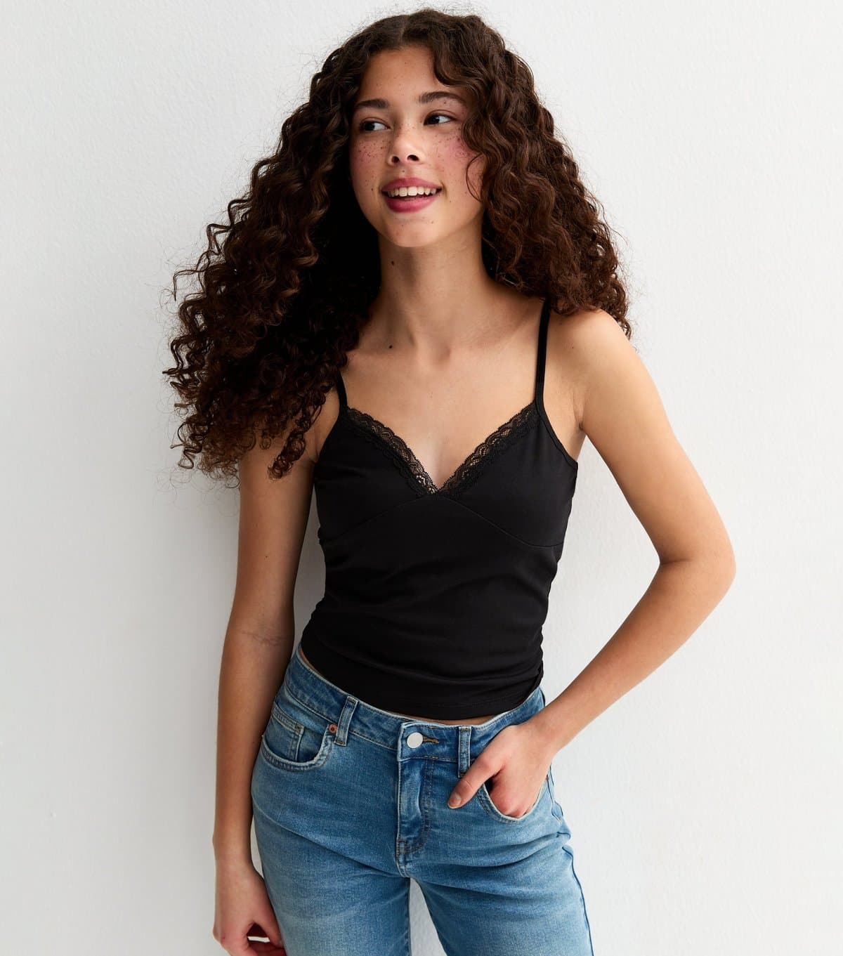 New Look Girls' Black Lace Trim V-Neck Fitted Cami Top New Look