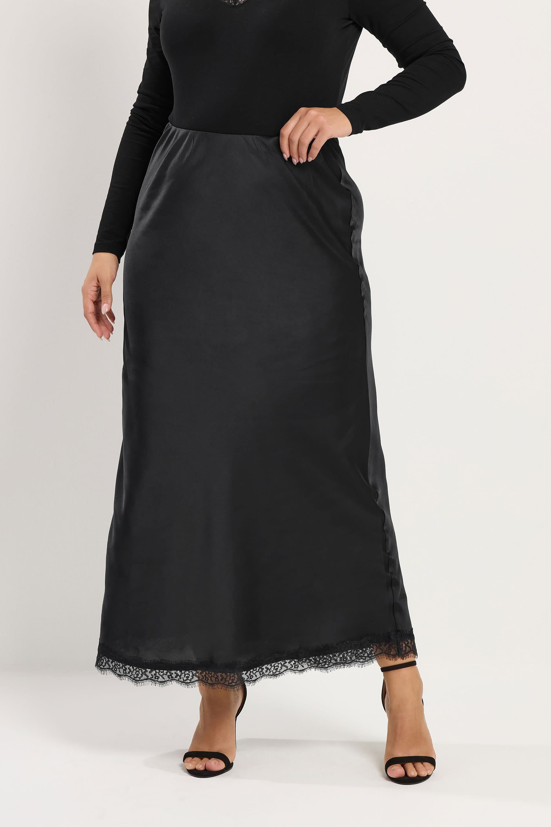 Yours Plus Size Black Satin Lace Hem Skirt