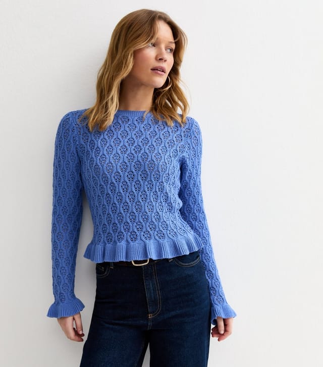 New Look Women's Blue Cotton Rich Pointelle Frill Trim Jumper New Look - 2