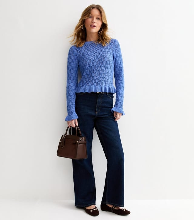 New Look Women's Blue Cotton Rich Pointelle Frill Trim Jumper New Look - 3