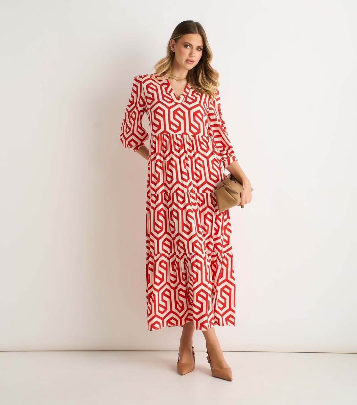 Gini London Women's Red Geometric Print Midi Dress Gini London New Look