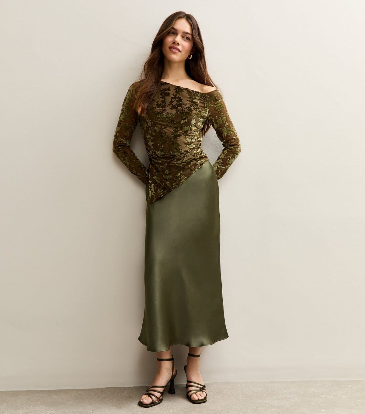 Women's Petite Light Khaki Satin Bias Cut Midi Skirt New Look