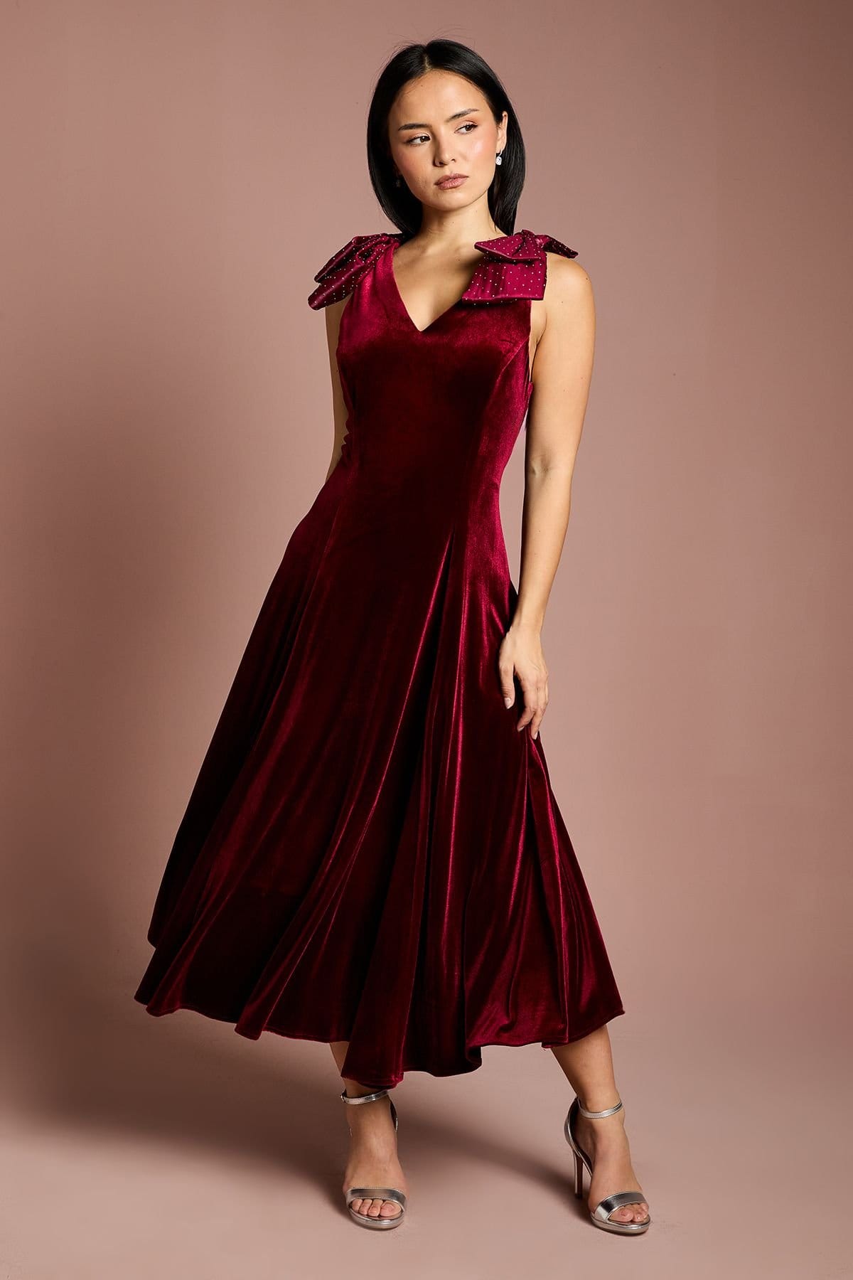Coast Wine Velvet A-Line Midi Dress with Bow Shoulders