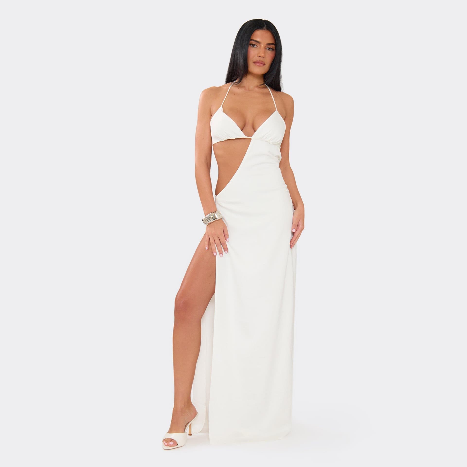 EGO Halterneck Cut Out Split Leg Maxi Dress In White, Women's Size UK 6