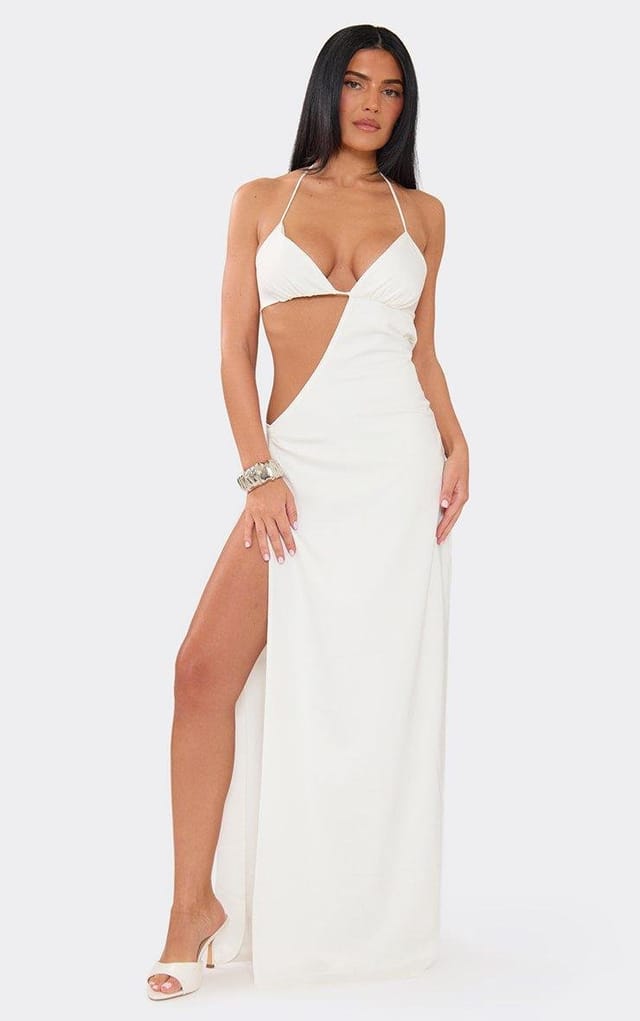 EGO Halterneck Cut Out Split Leg Maxi Dress In White, Women's Size UK 6 - 2