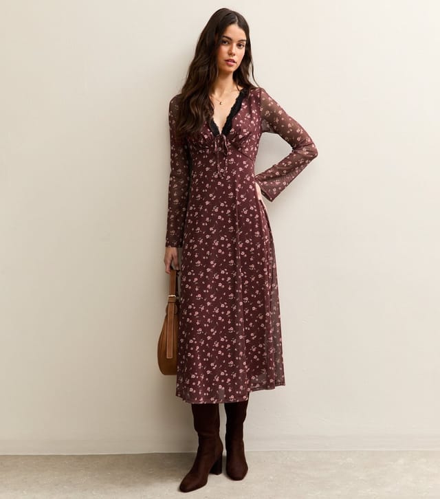 New Look Women's Brown Ditsy Print Long Sleeve Lace Mesh Midi Dress New Look - 3