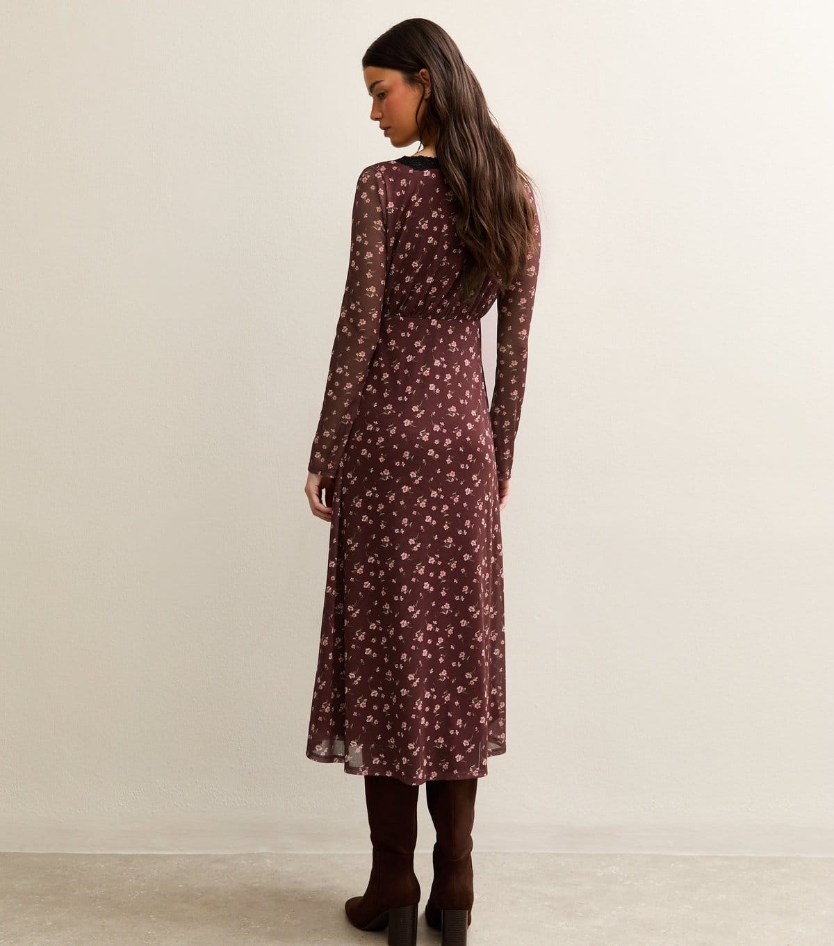 New Look Women's Brown Ditsy Print Long Sleeve Lace Mesh Midi Dress New Look - 4