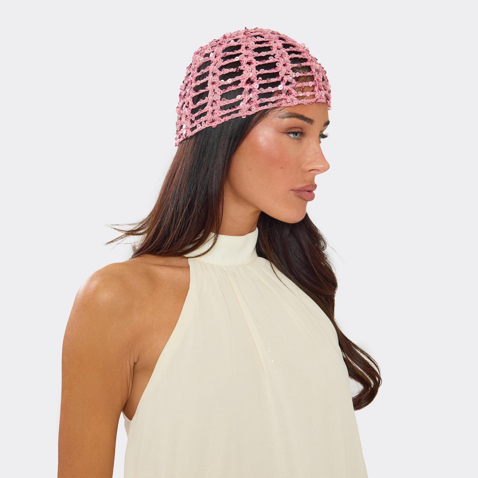 EGO Sequin Detail Hat In Pink Crochet Knit, Women's Size UK 0
