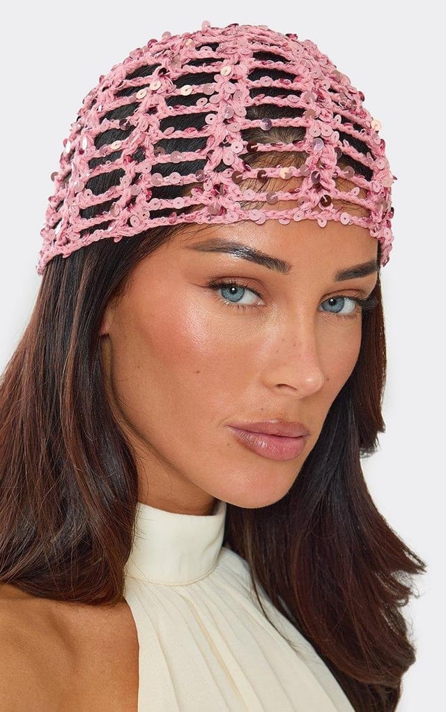 EGO Sequin Detail Hat In Pink Crochet Knit, Women's Size UK 0 - 2