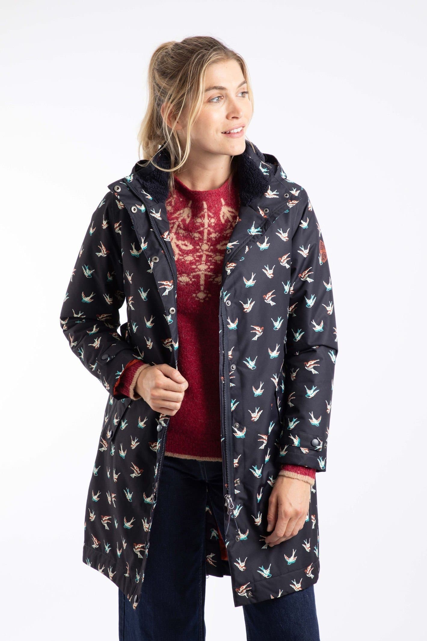 Weird Fish Weird Fish Women's Sena Printed Waterproof Coat in Dark Blue