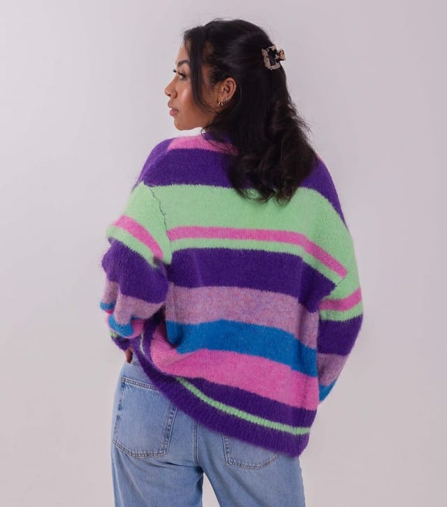 Sunshine Soul Women's Bright Purple Striped Longline Cardigan Sunshine Soul New Look - 3