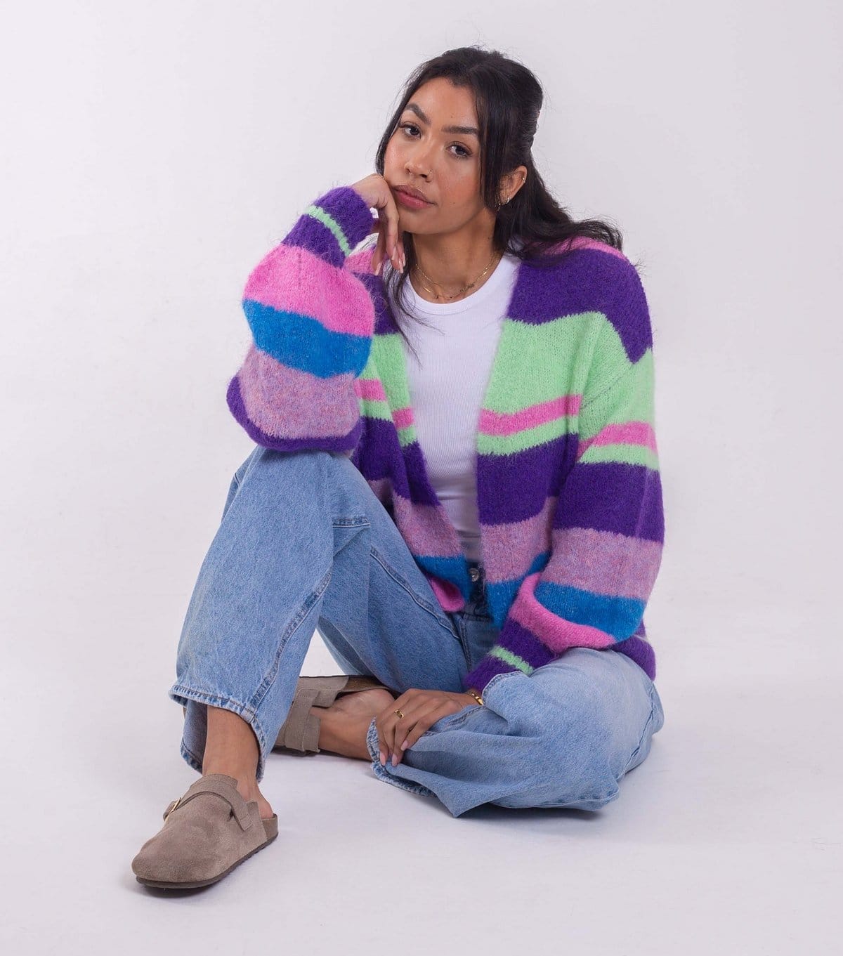 Sunshine Soul Women's Bright Purple Striped Longline Cardigan Sunshine Soul New Look - 4