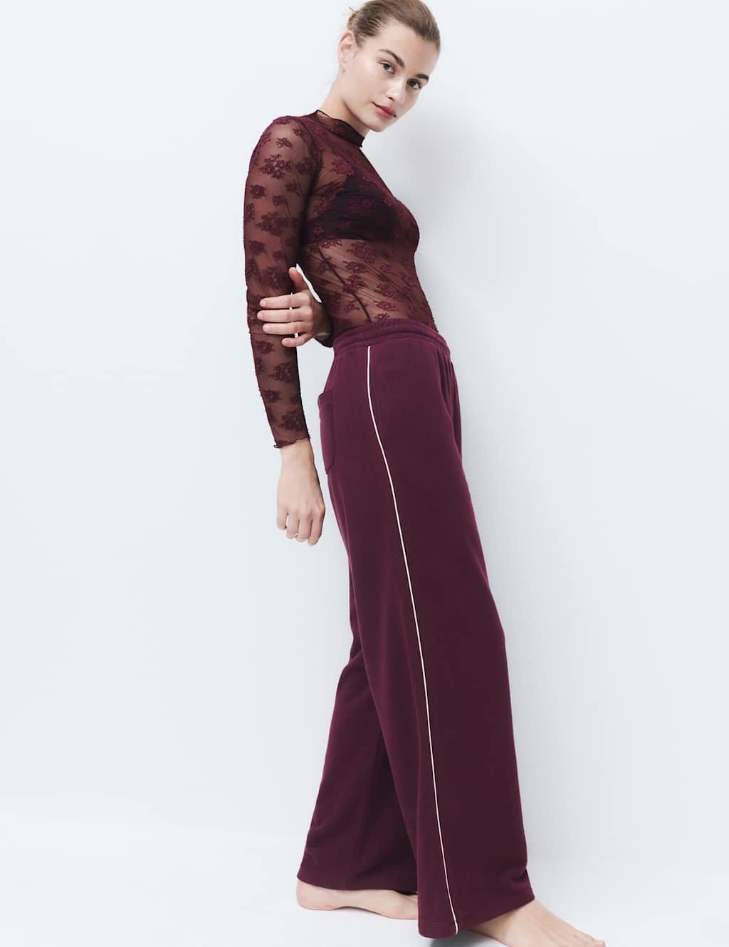 Marks & Spencer M&S Cotton Rich Loopback Wide Leg Joggers Burgundy - 1