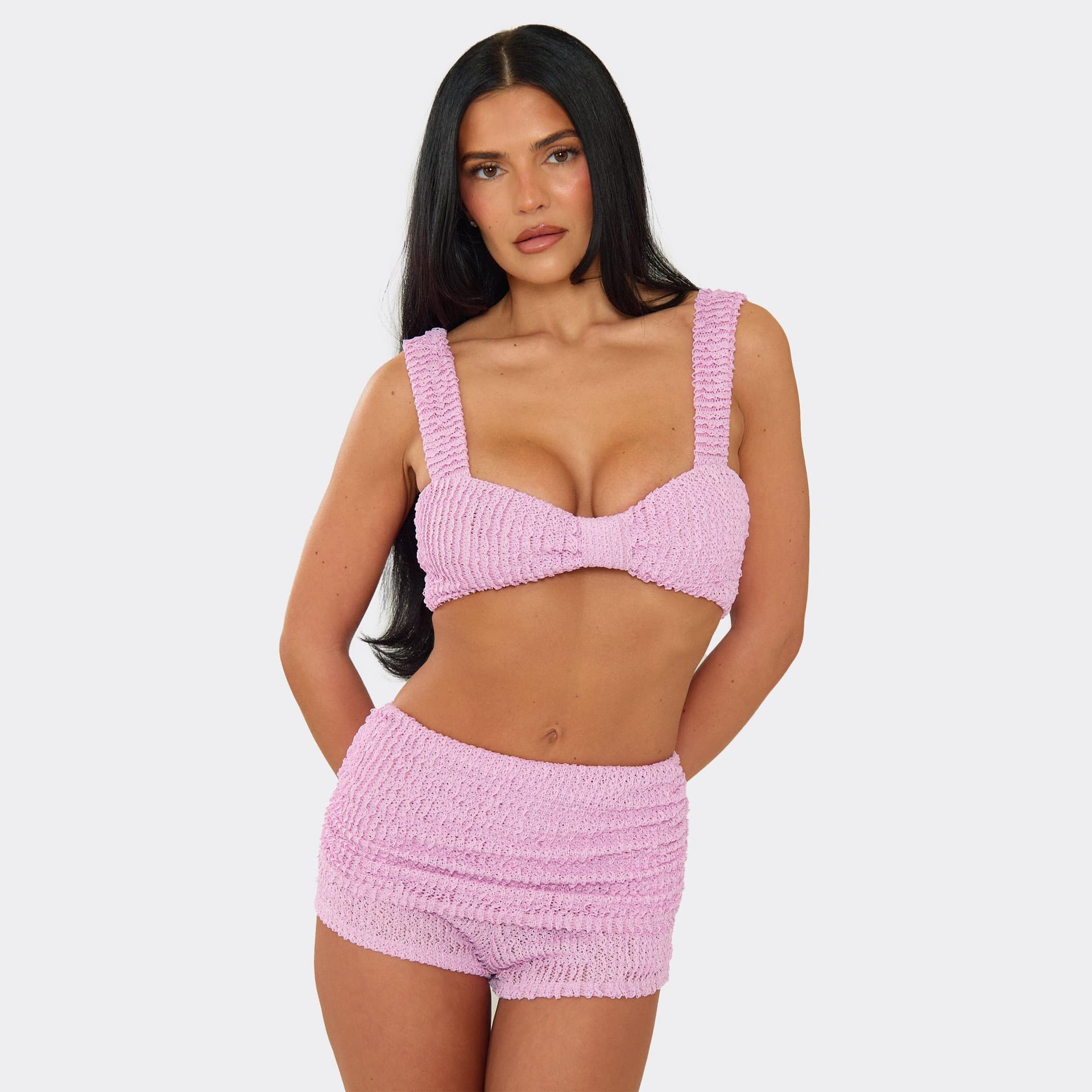 EGO Knot Front Bralet Top And Mini Shorts Co-Ord Set In Lilac Textured, Women's Size UK 8