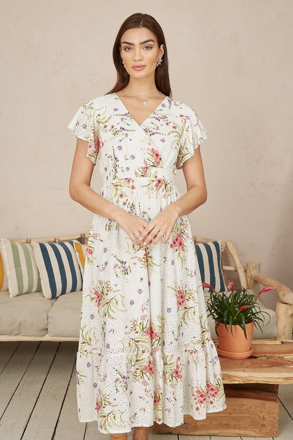 Yumi Yumi Women's White Floral Broderie Anglaise Wrap Midi Dress in Ivory