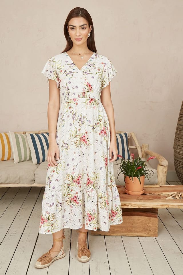 Yumi Yumi Women's White Floral Broderie Anglaise Wrap Midi Dress in Ivory - 2