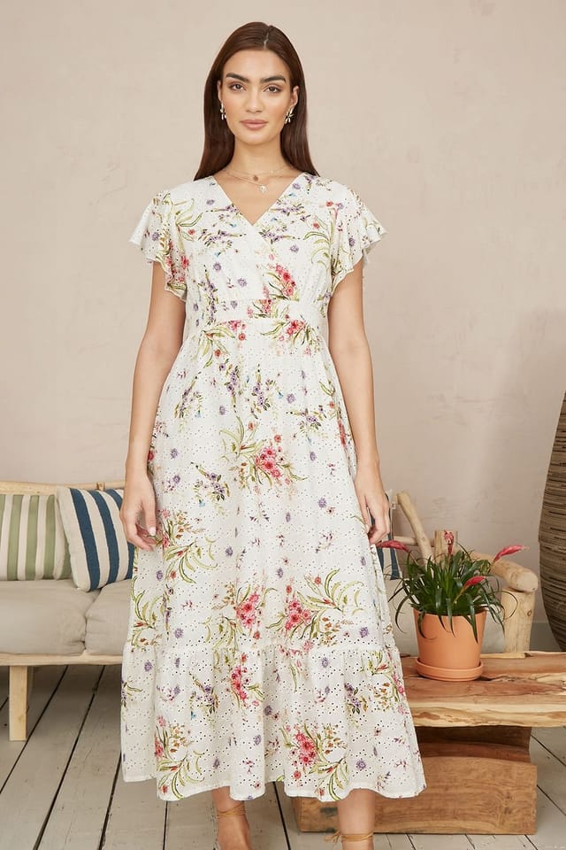 Yumi Yumi Women's White Floral Broderie Anglaise Wrap Midi Dress in Ivory - 3