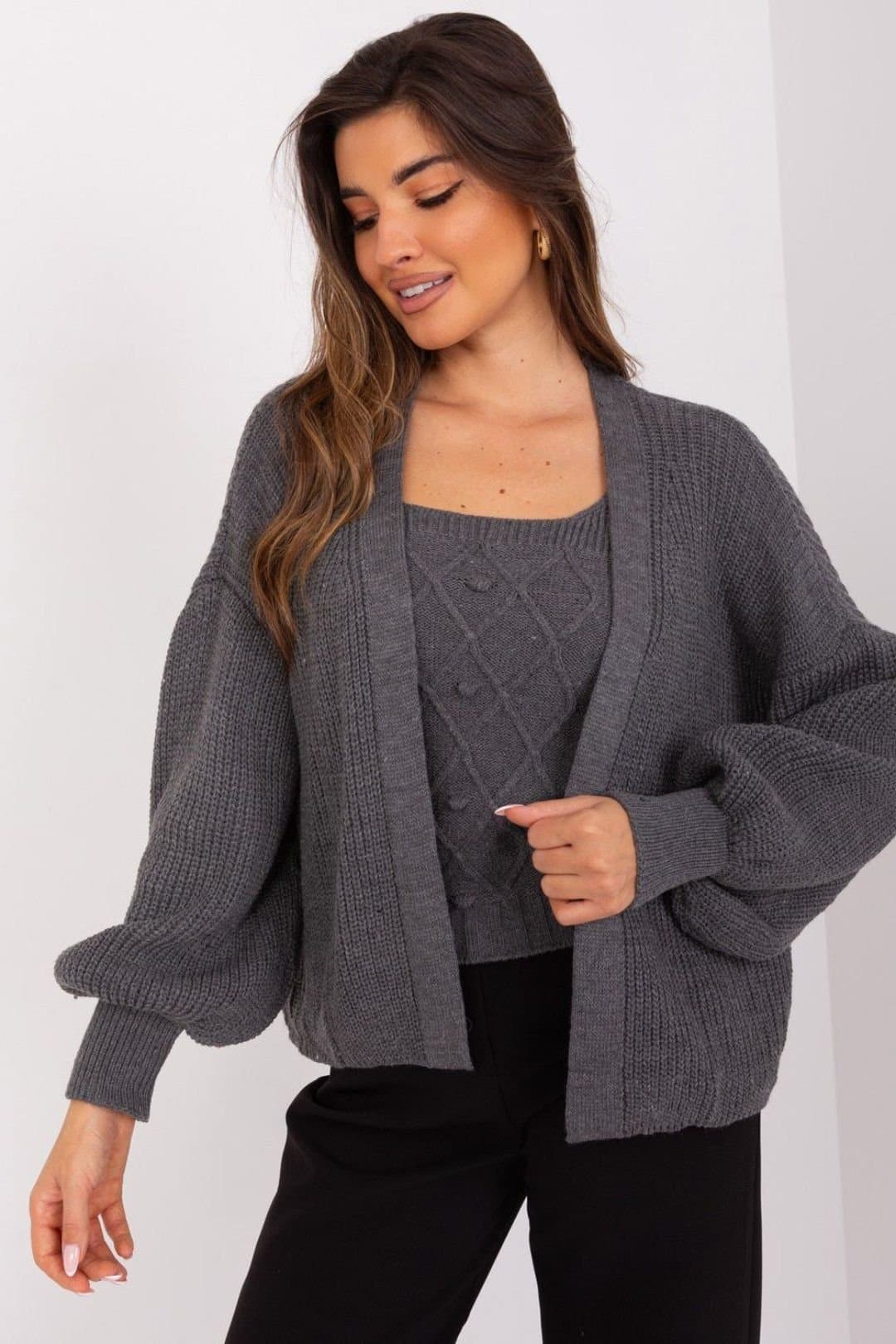 Love Lace Love Lace Women's Strapless Top & Cardigan Set with Textured Knit in Grey