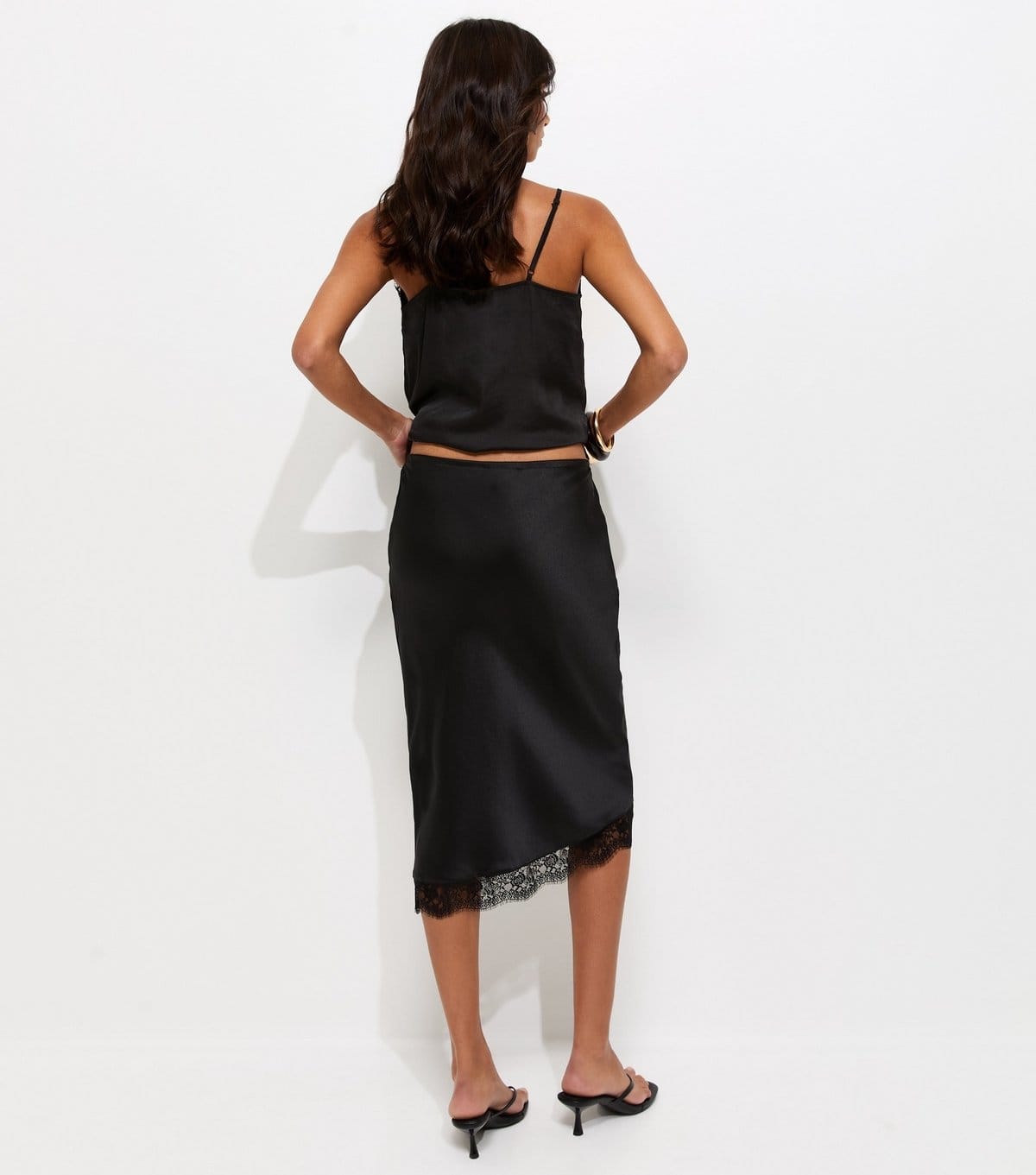 New Look Women's Black Satin Lace Trimmed Midi Skirt New Look - 4
