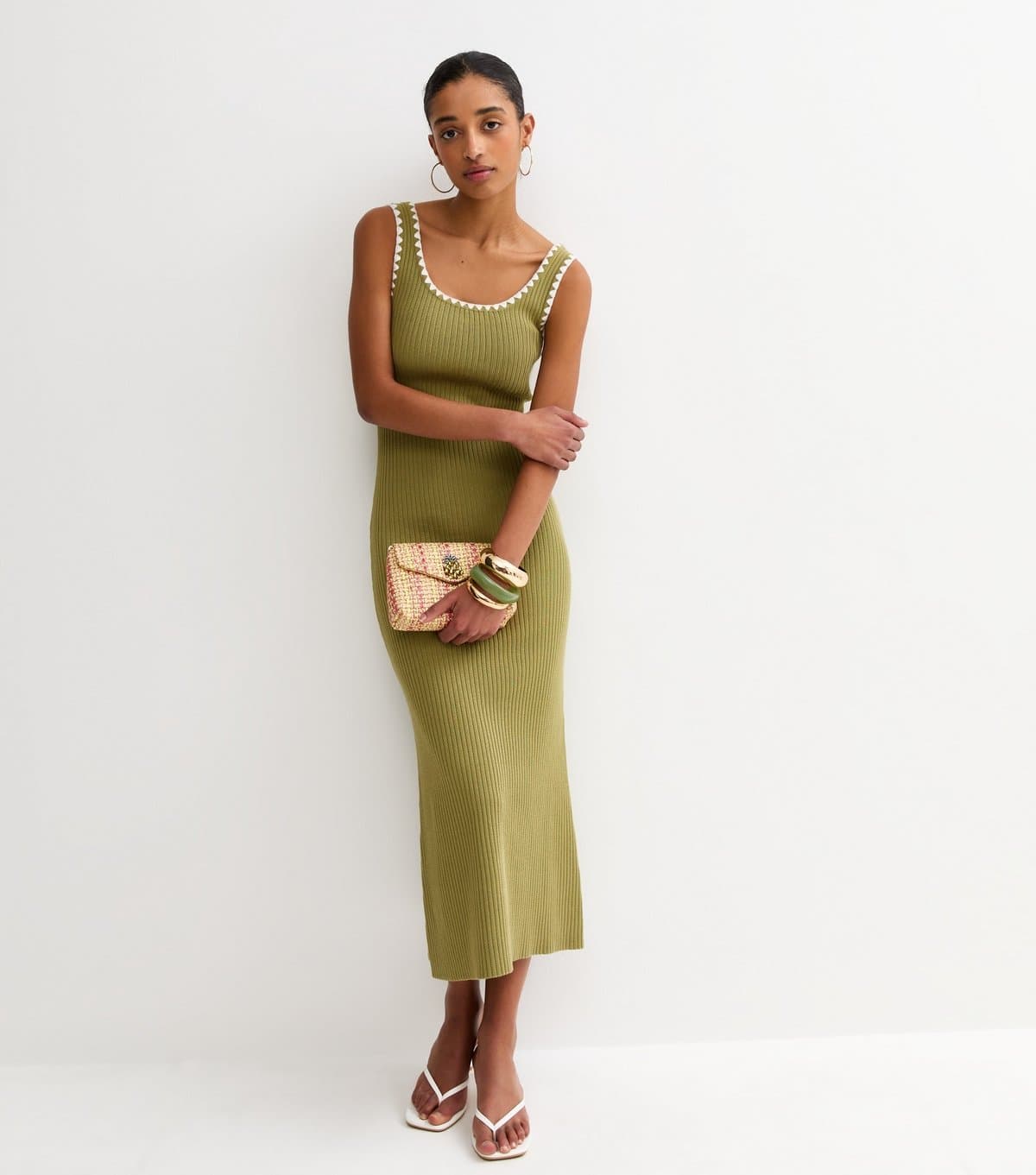 New Look Women's Khaki Ribbed Knit Tipped Maxi Dress New Look
