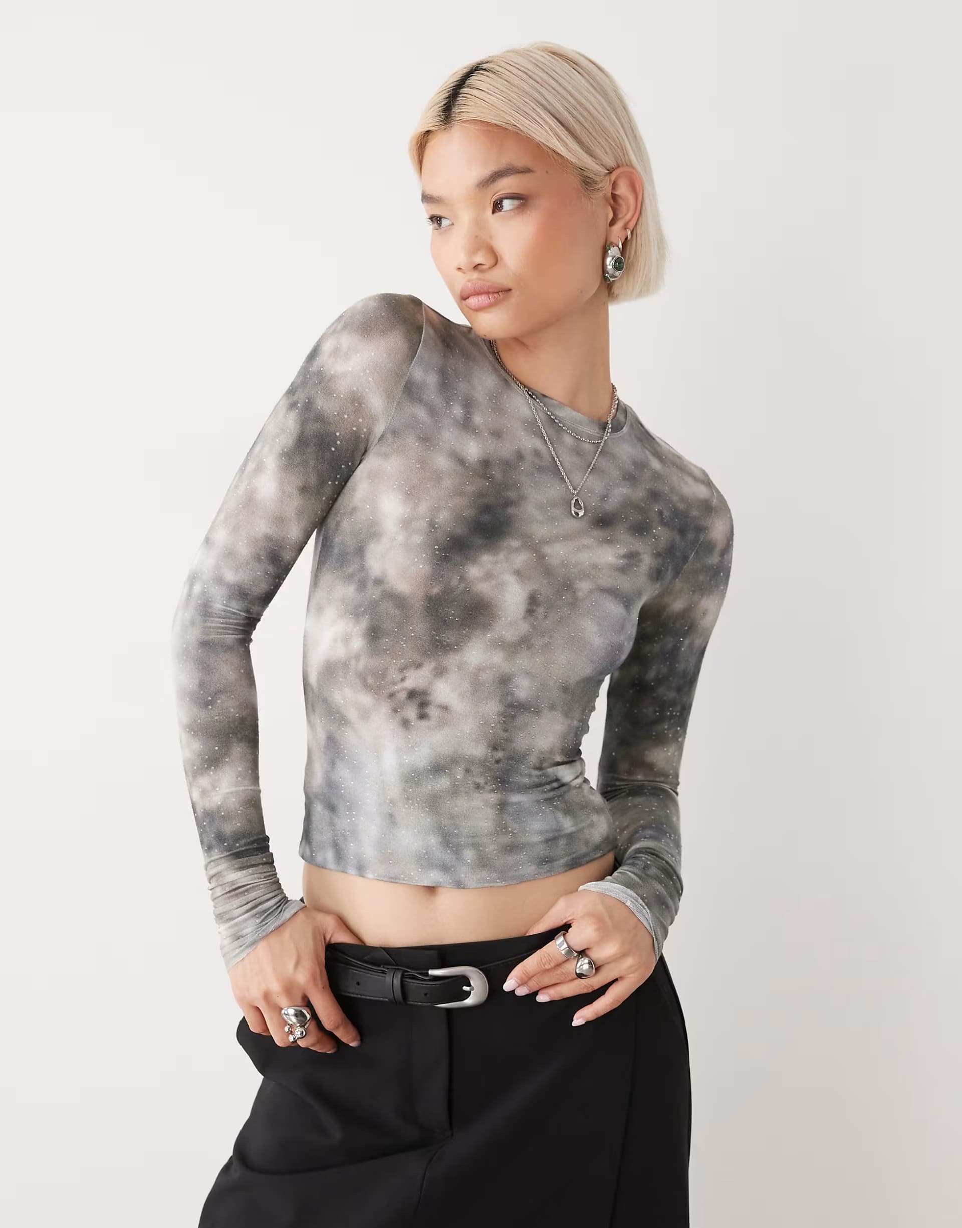 ASOS Weekday long sleeve top with rhinestone detail in airbrush graphic print