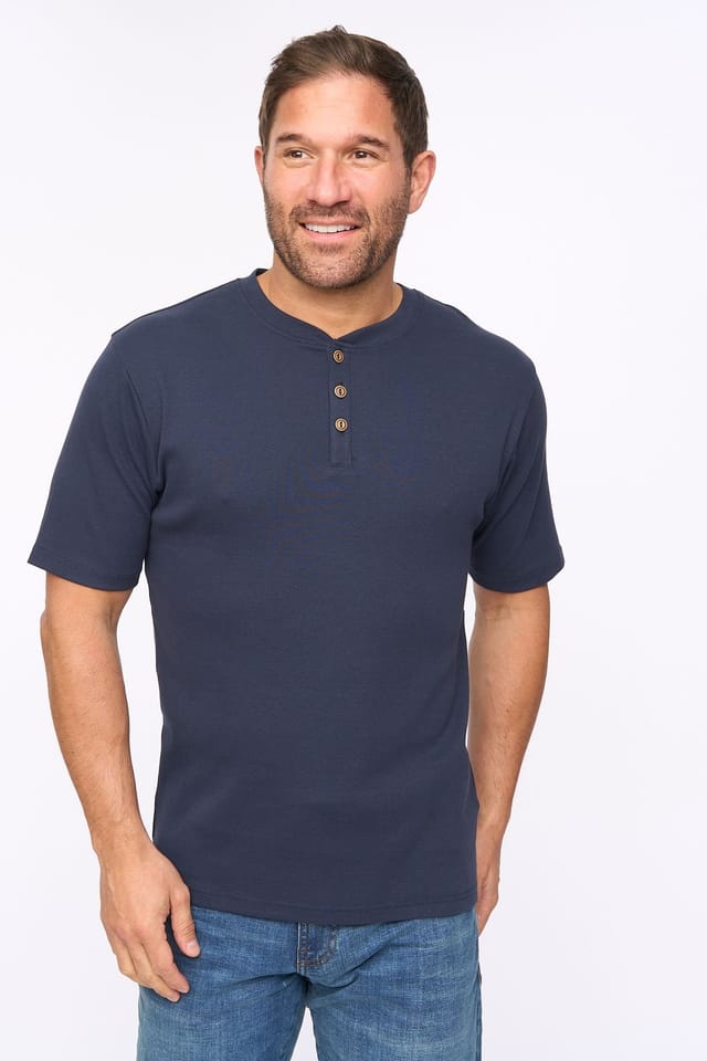 Bewley&Ritch Bewley&Ritch Men's Emberton Ribbed Cotton Stretch Henley Button Neck T-Shirt in Navy - 3