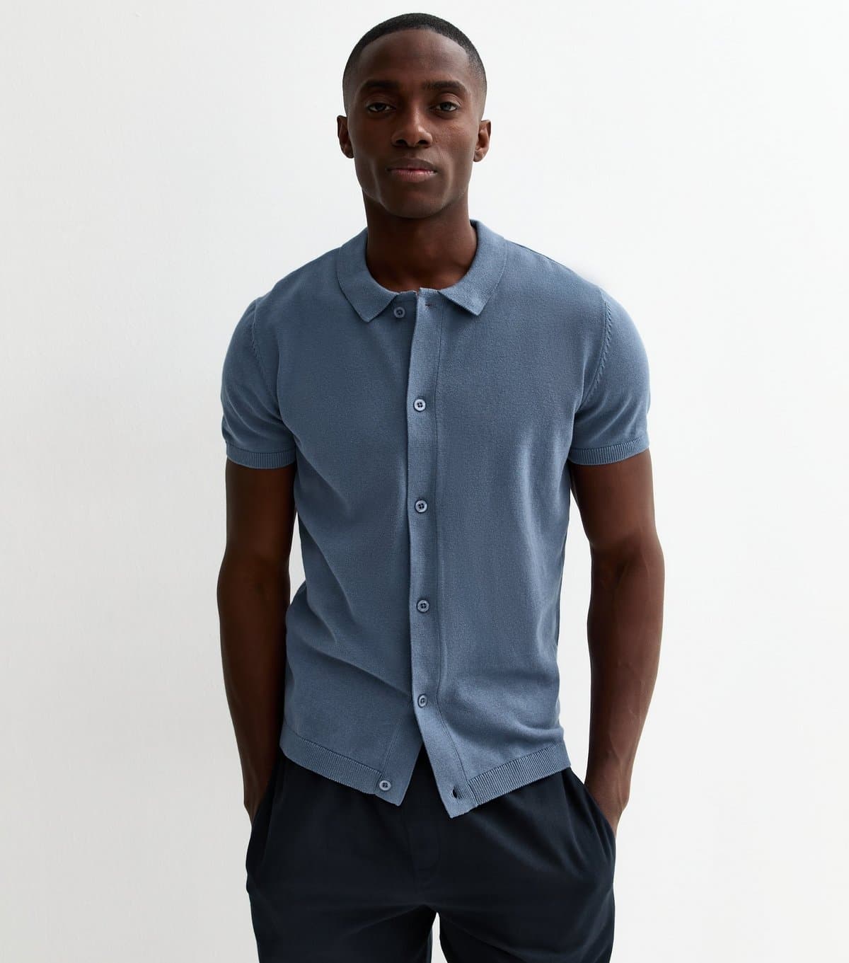 New Look Men's Dark Blue Regular Button Through Polo Top New Look