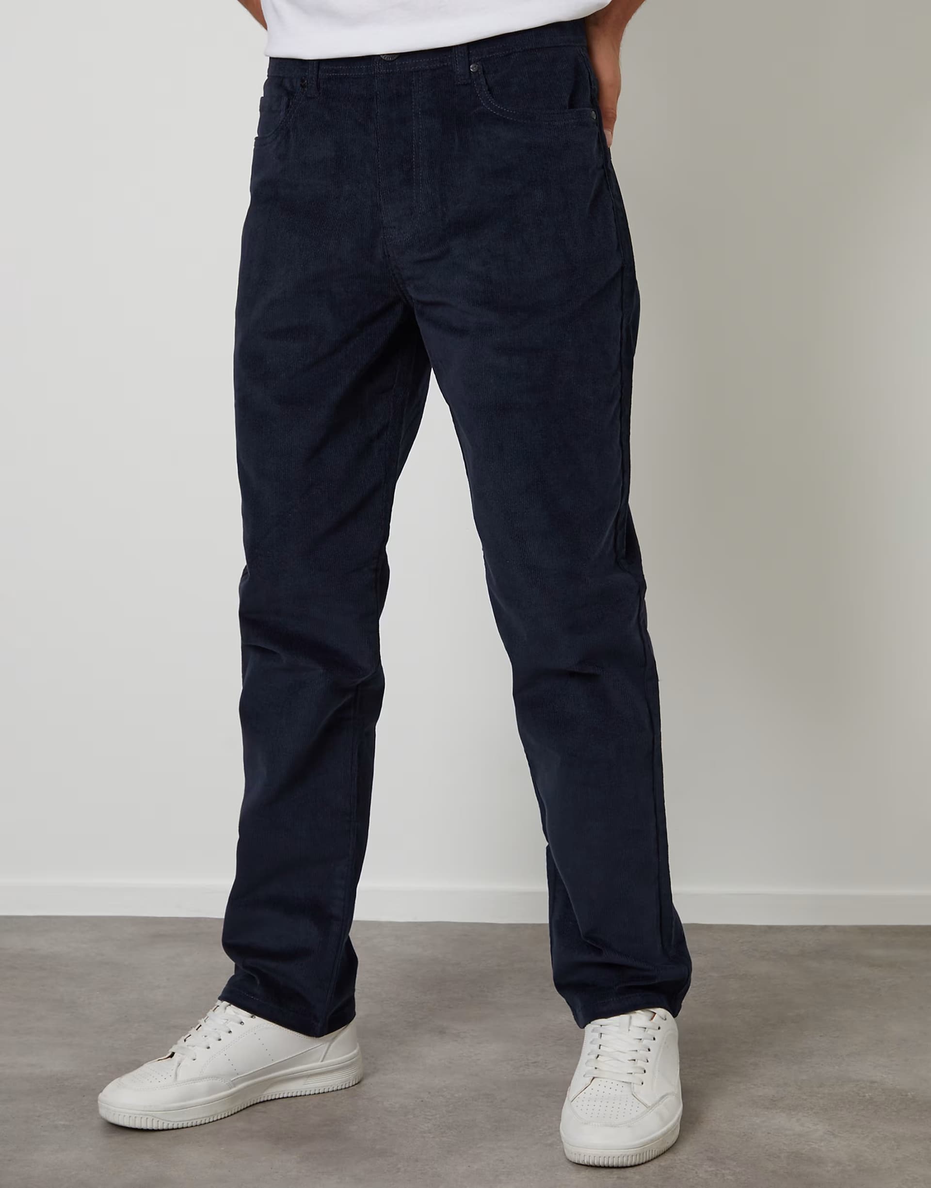 ASOS Threadbare Straight leg 5 pocket corduroy trousers with stretch in navy