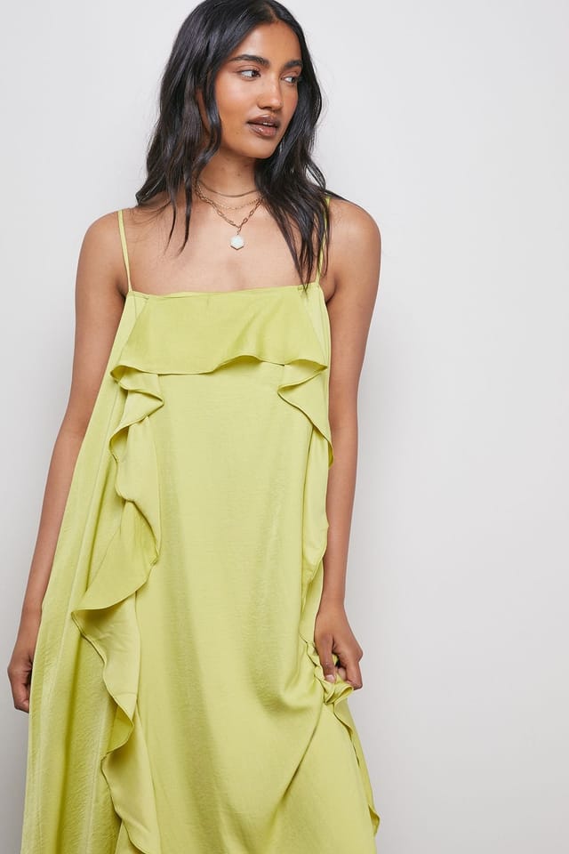 Warehouse Warehouse Women's Satin Strappy Ruffle Midi Dress in Chartreuse - 2