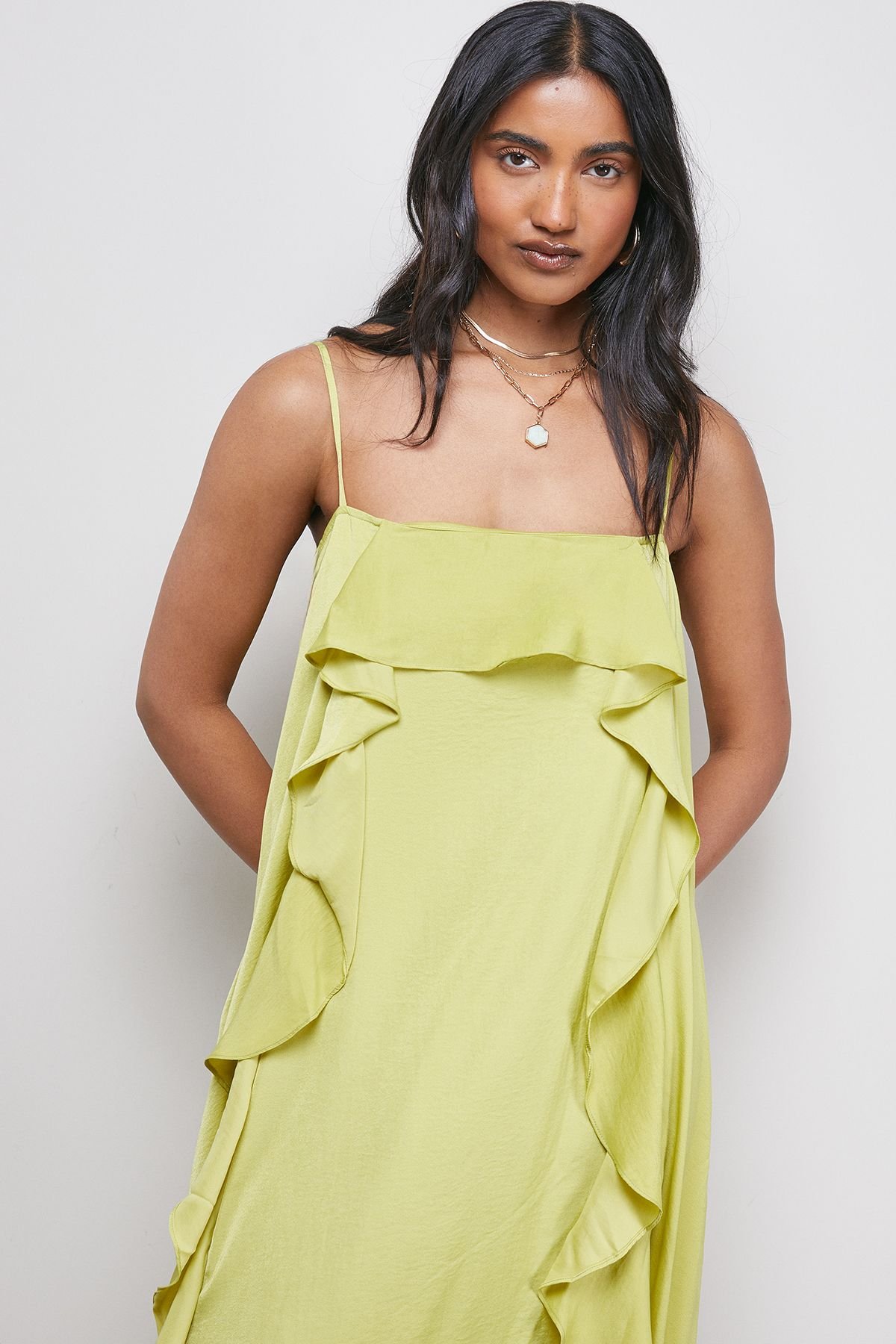 Warehouse Warehouse Women's Satin Strappy Ruffle Midi Dress in Chartreuse - 4