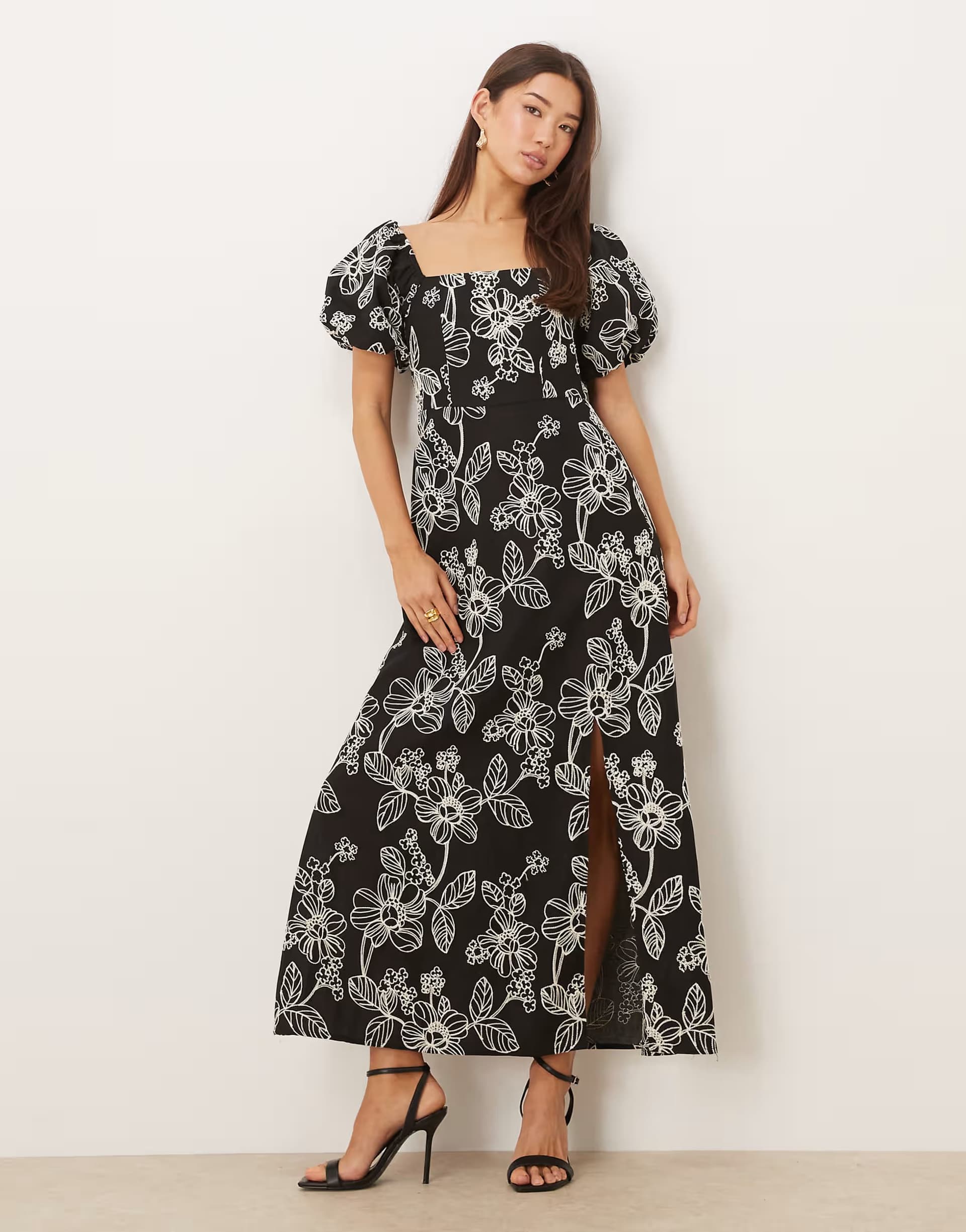 ASOS Lovedrobe Embroidered short sleeve square neck midaxi dress in black