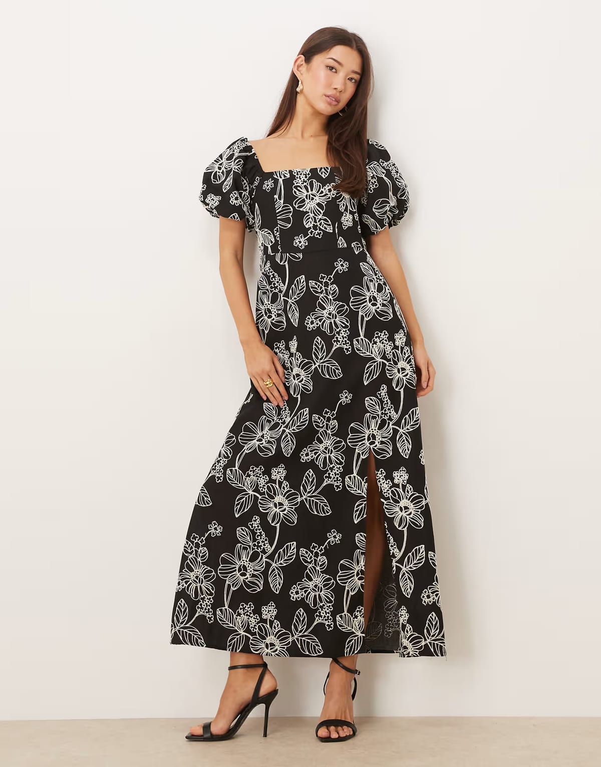 ASOS Lovedrobe Embroidered short sleeve square neck midaxi dress in black - 1