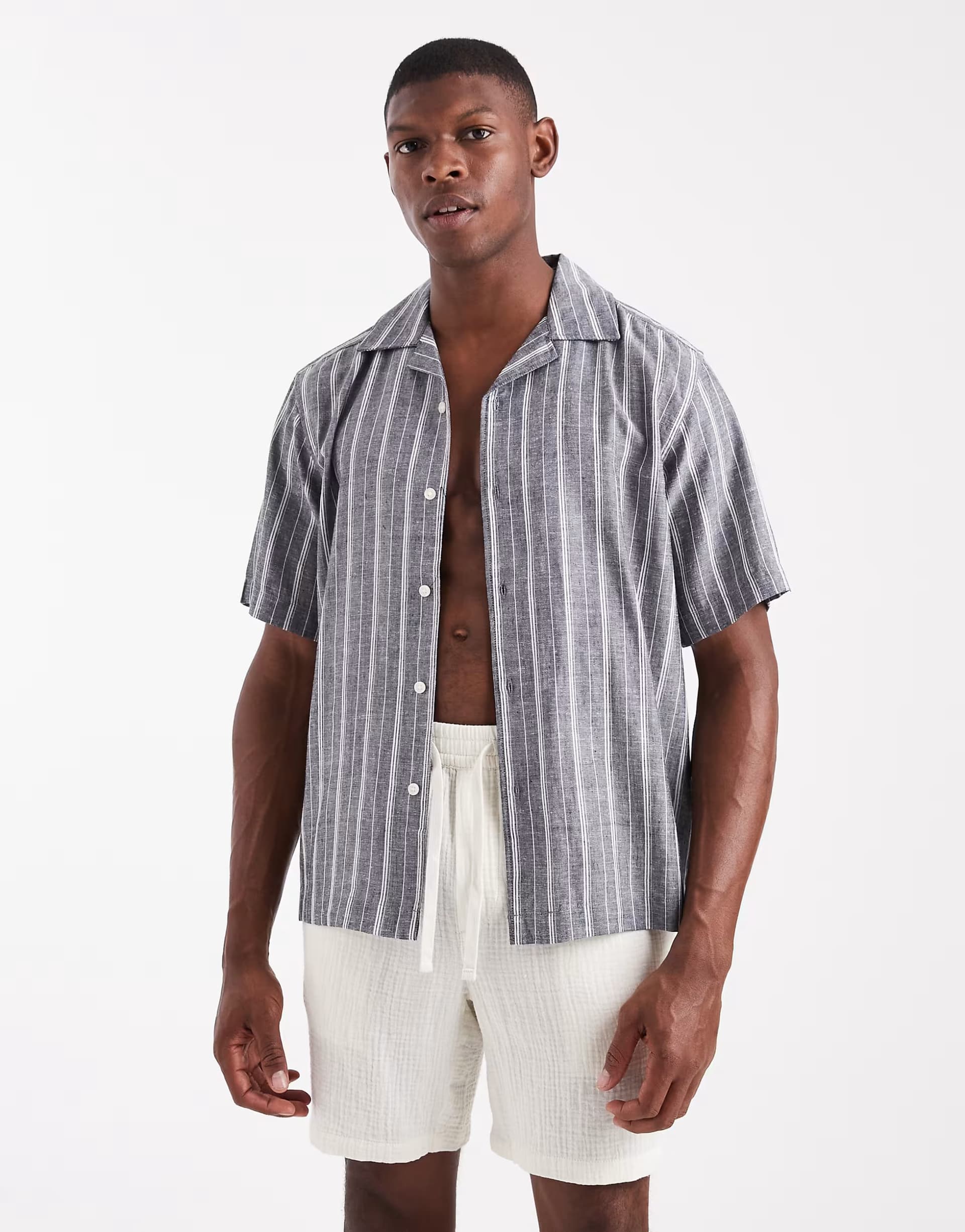 ASOS ONLY & SONS linen mix short sleeve shirt in navy stripe