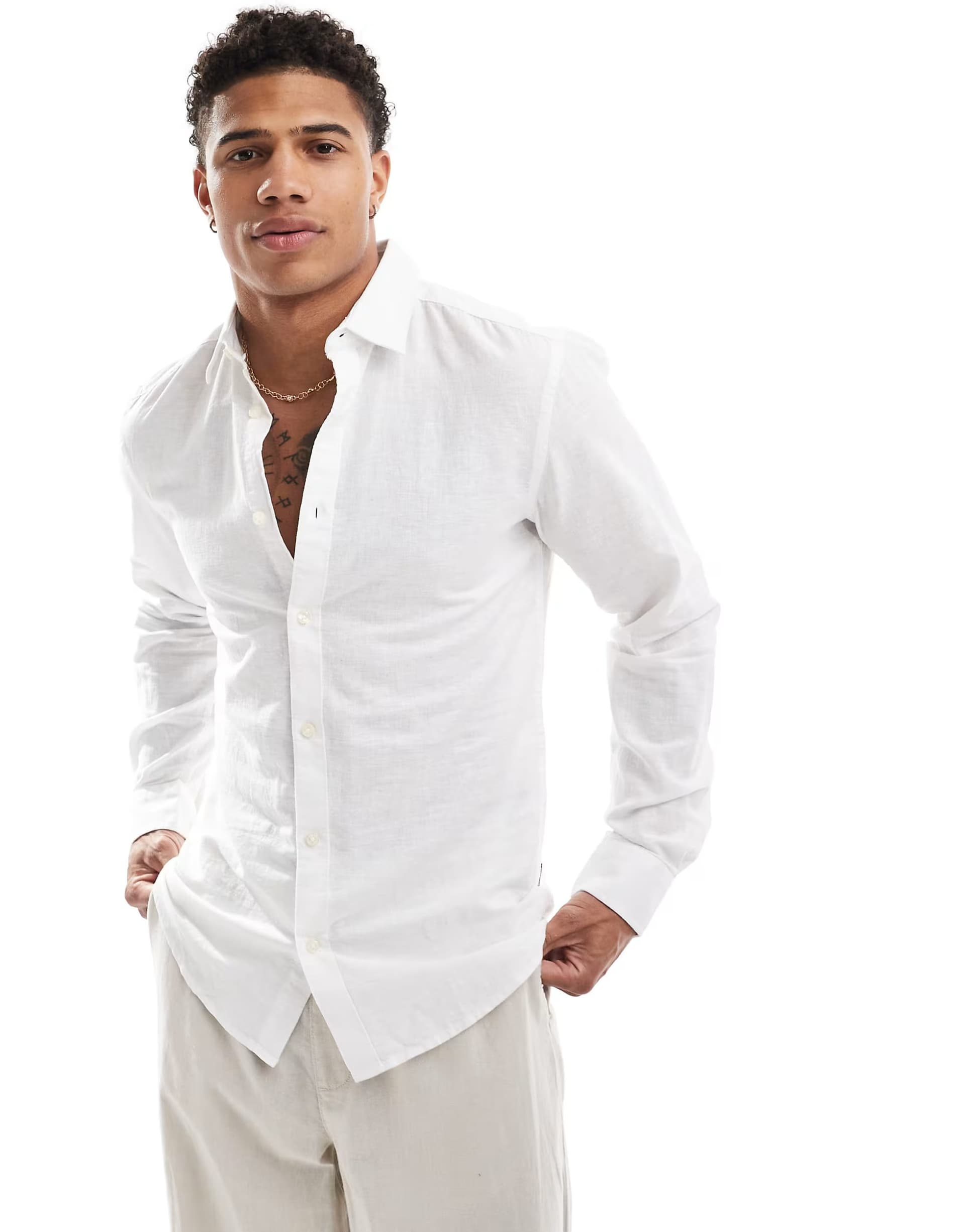 ASOS ASOS Only & Sons Linen Mix Long Sleeve Shirt in White