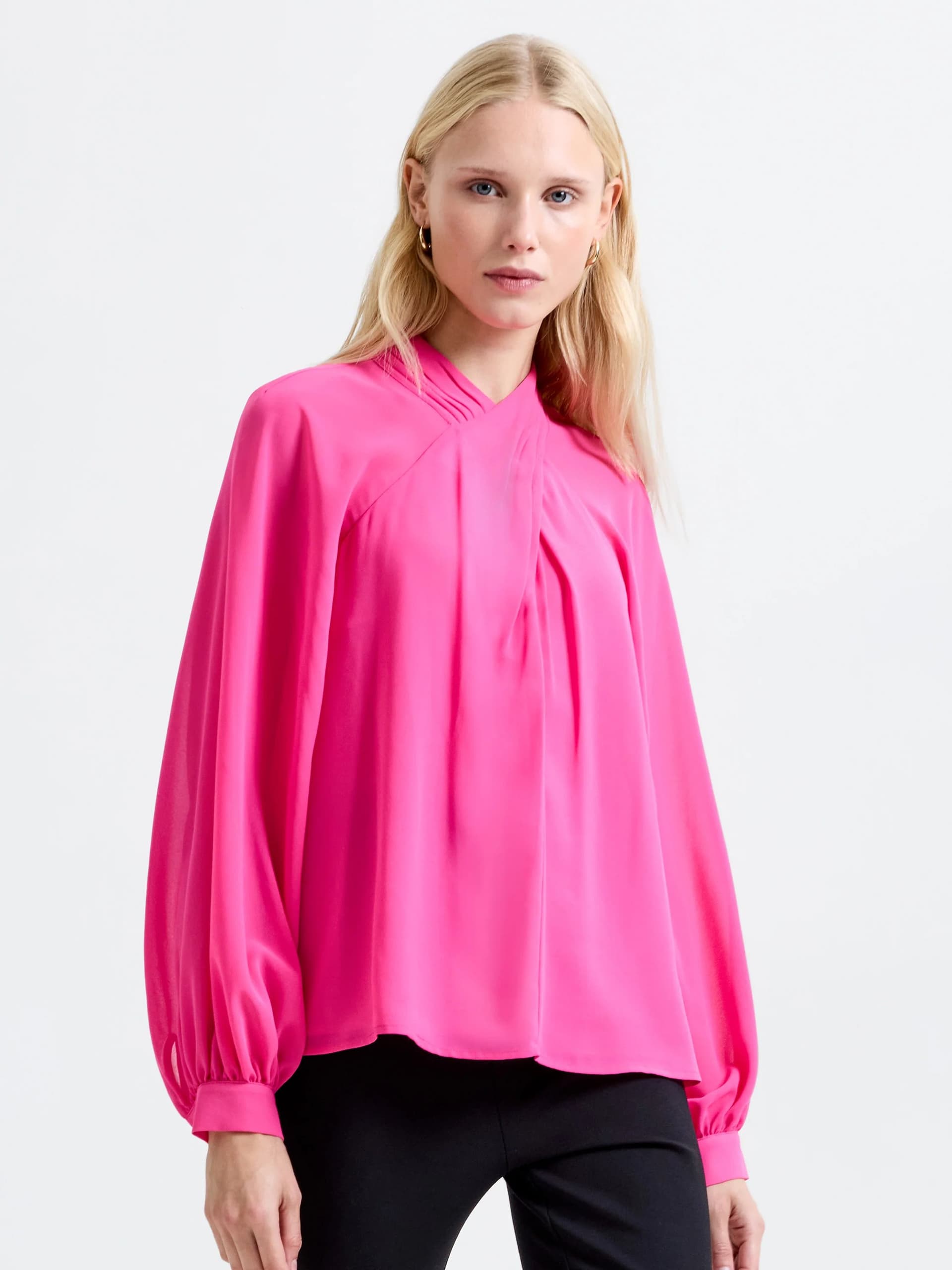 French Connection Eden Georgette Long Sleeve Wrap Blouse Fluro Pink