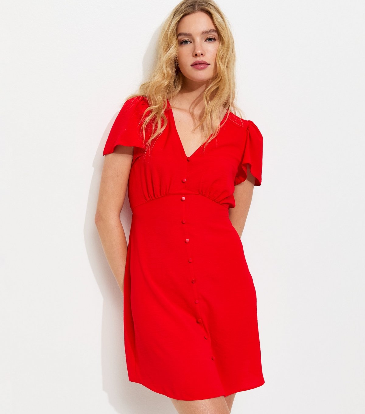 New Look Women's Bright Red V-Neck Button Up Mini Tea Dress New Look - 3