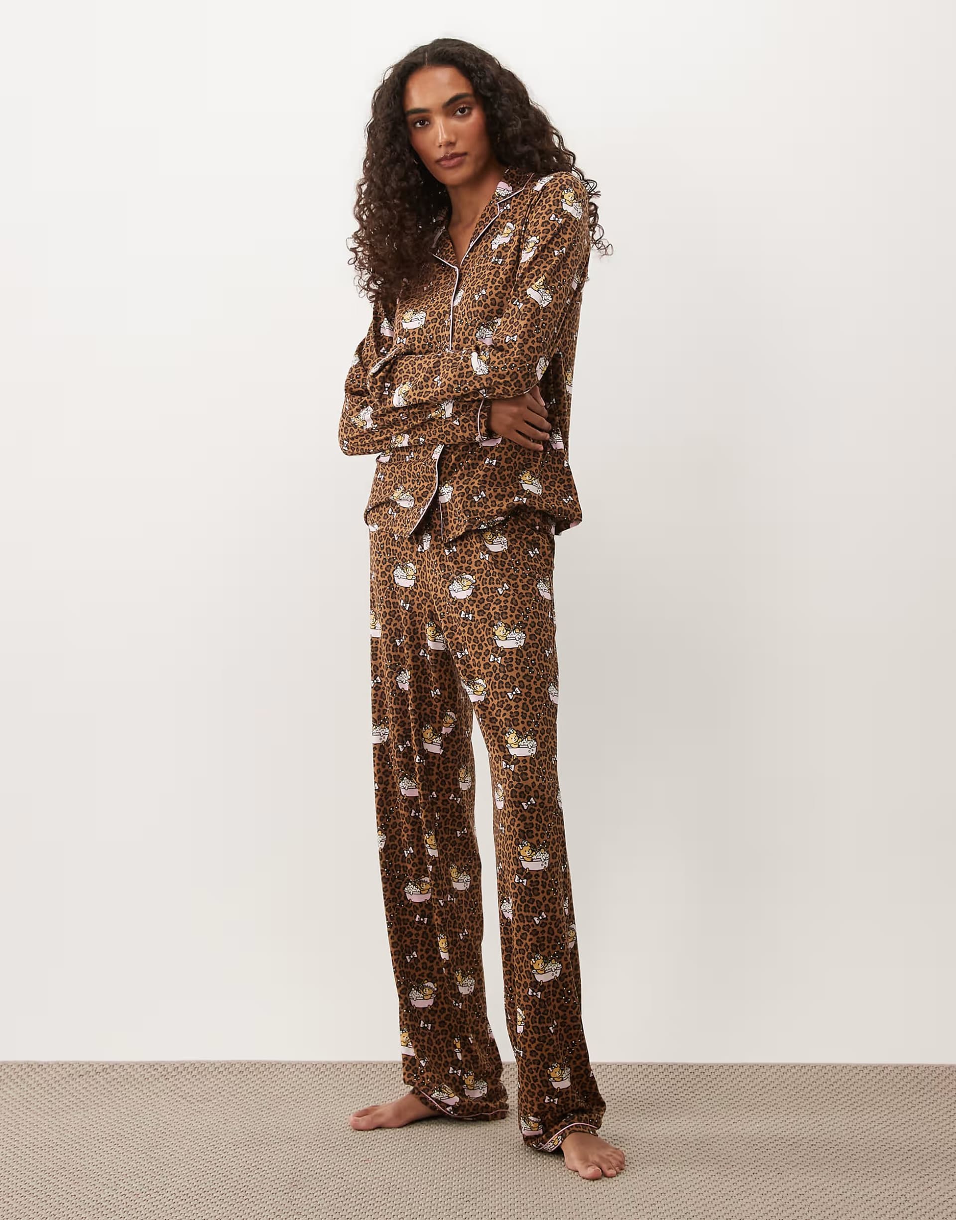 ASOS Urban Threads Tall long sleeve button up shirt and trousers pyjama set in leopard teddy in bath print