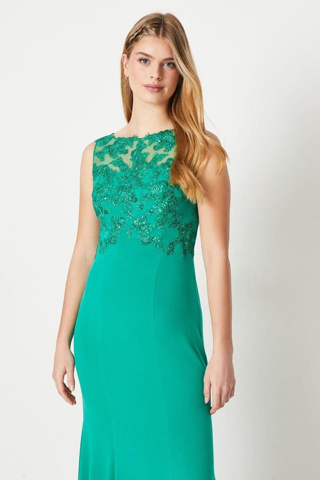 Debut London Debut London Women's by Coast Slash Neck Open Back Applique Prom Dress in Emerald - 2