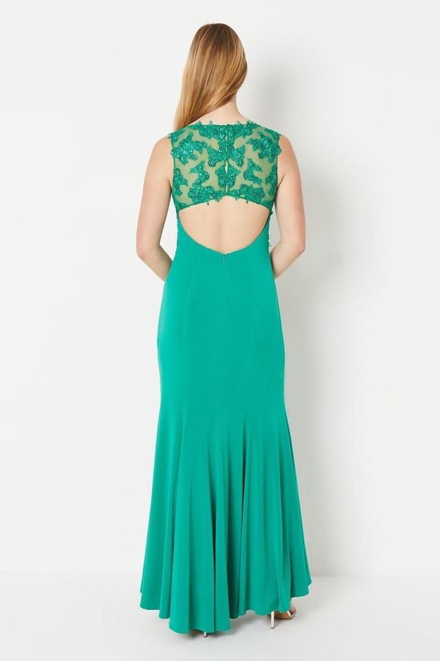 Debut London Debut London Women's by Coast Slash Neck Open Back Applique Prom Dress in Emerald - 3
