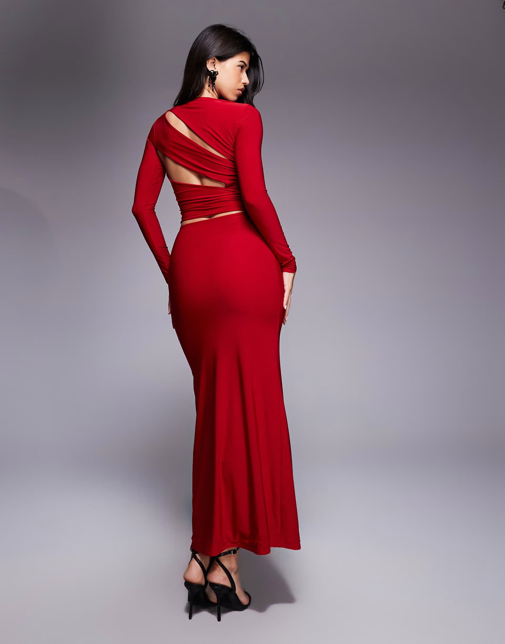 ASOS Kaiia exclusive double layered slinky cut out back detail long sleeve maxi dress in cherry red