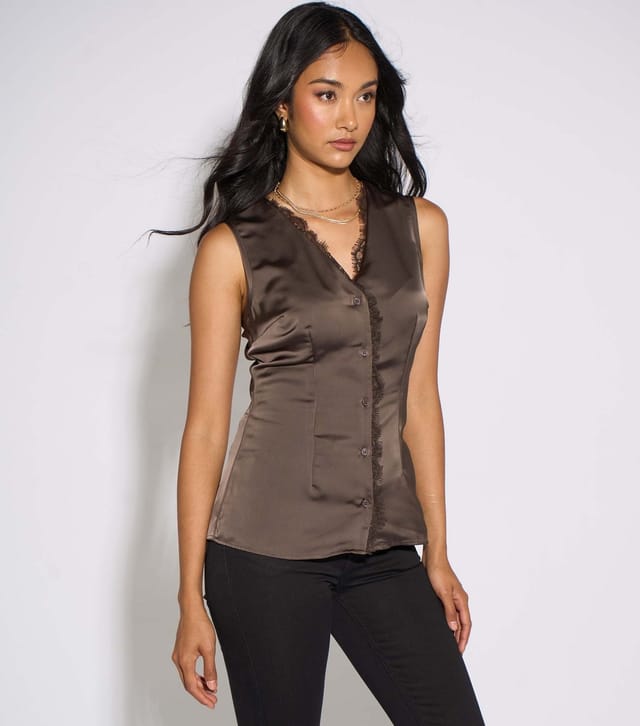 Gini London Women's Satin Lace Trim Waistcoat Top Gini London New Look - 3