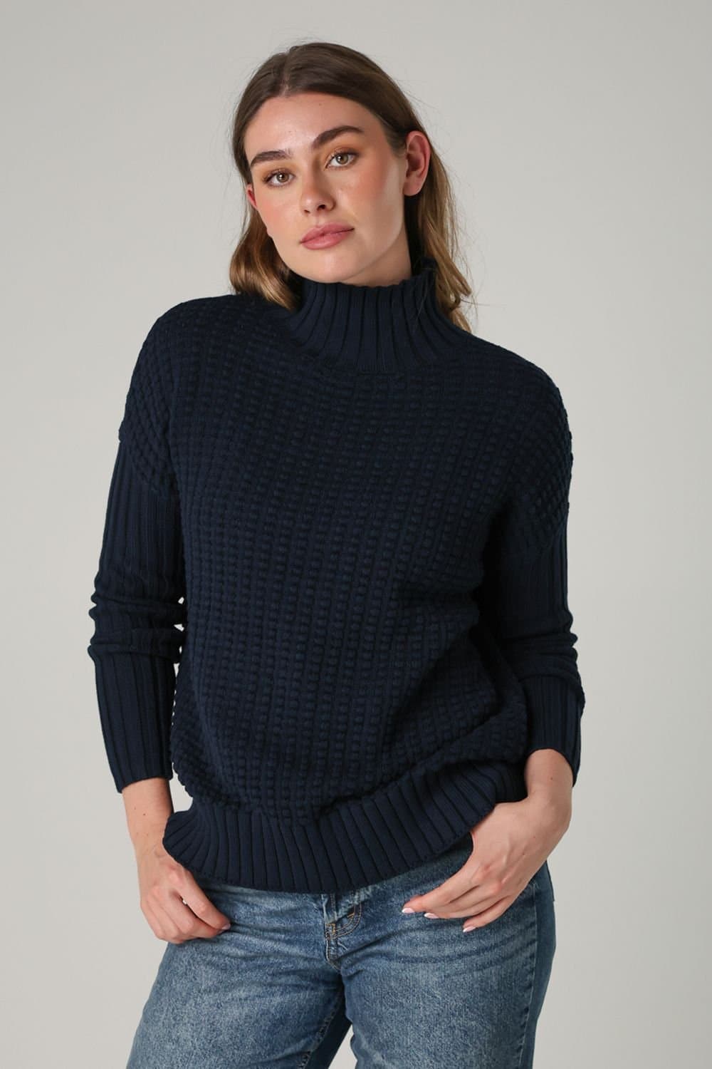 French Connection French Connection Women's Cotton Mozart Popcorn Knit High Neck Jumper in Navy
