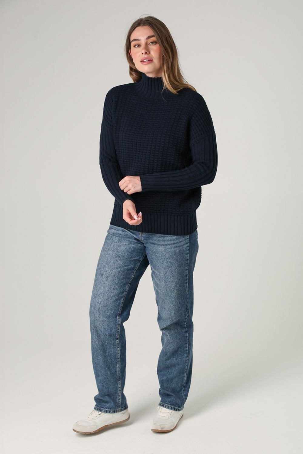 French Connection French Connection Women's Cotton Mozart Popcorn Knit High Neck Jumper in Navy - 3