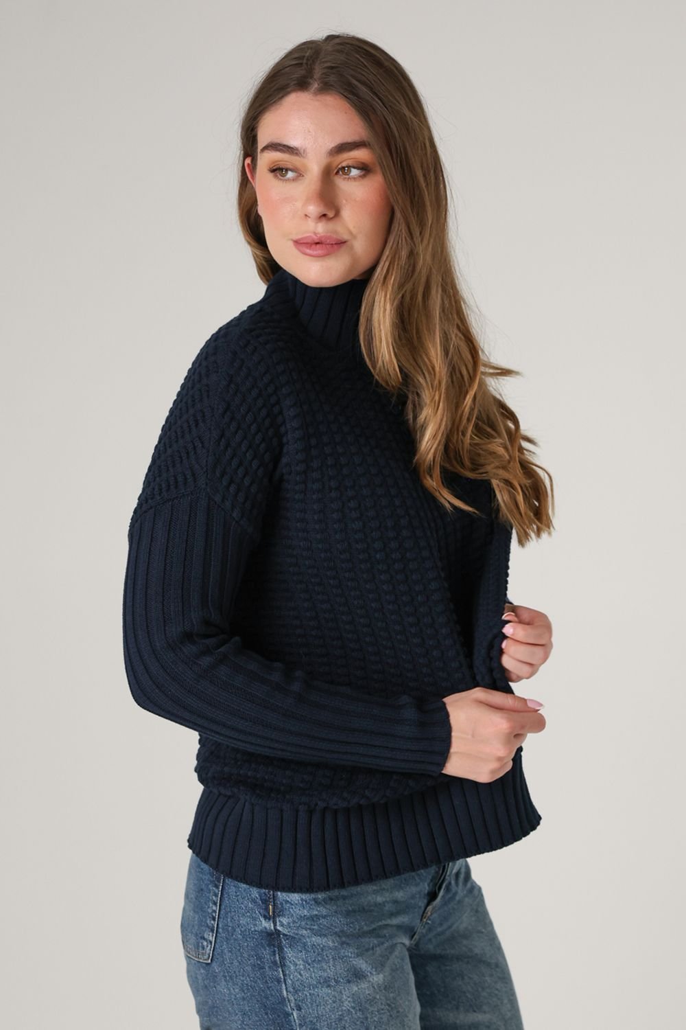 French Connection French Connection Women's Cotton Mozart Popcorn Knit High Neck Jumper in Navy - 4