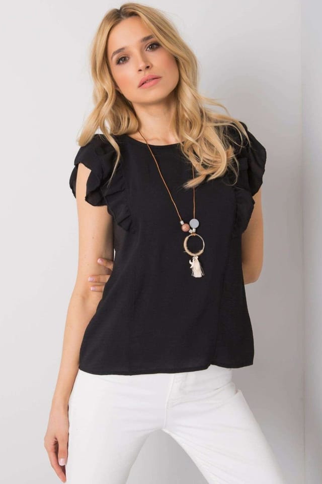 Love Lace Love Lace Women's Short Sleeve Frill Blouse With Back Cutout in Black - 2