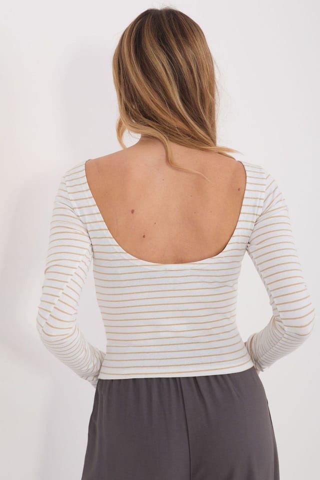 Love Lace Love Lace Women's Fitted Cotton Elastane Striped Long Sleeve Blouse in Beige - 3