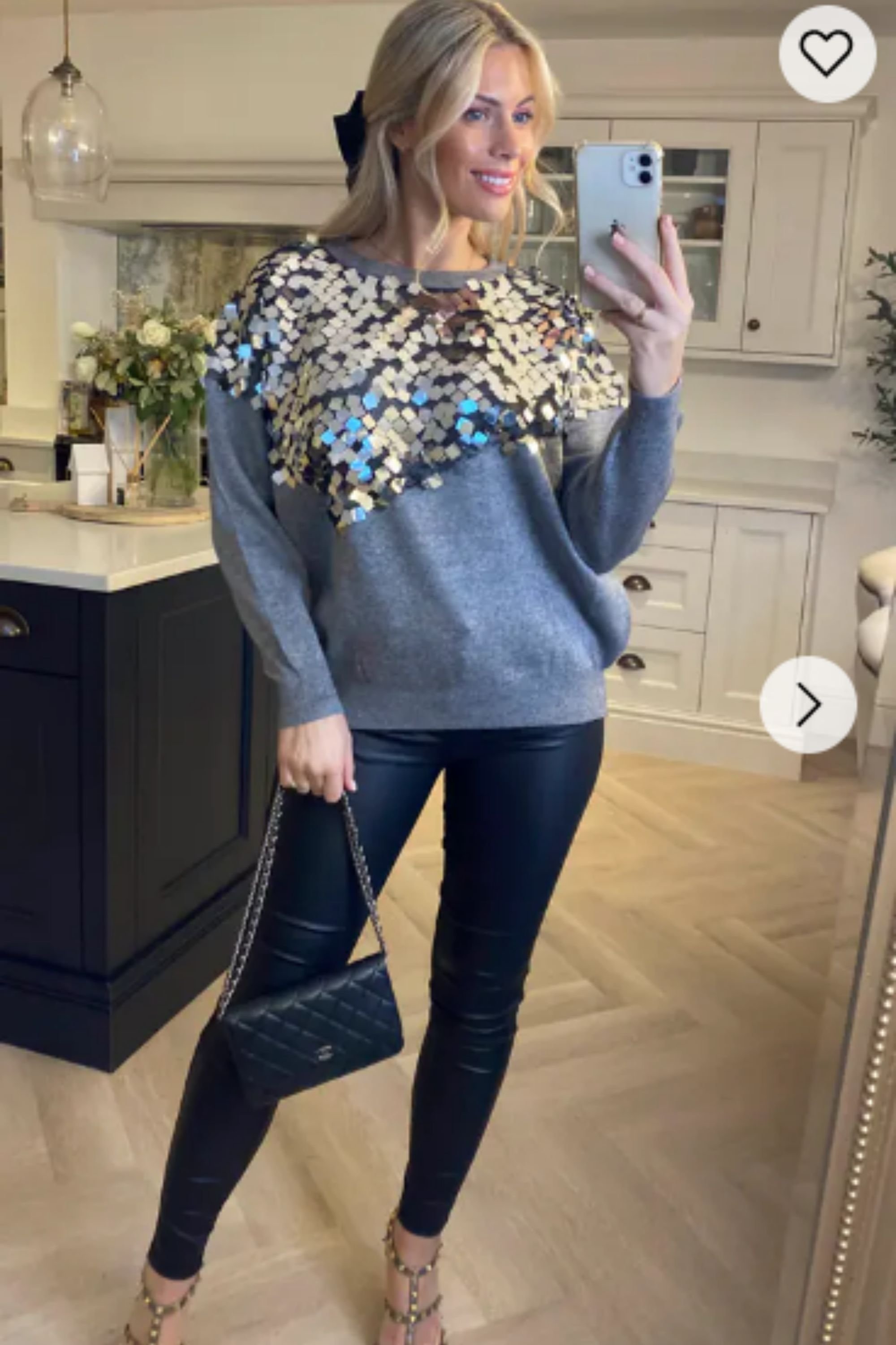 CY CY Women's Round-Neck Jumper with Mirror Sequin Embellishments in Grey - 2