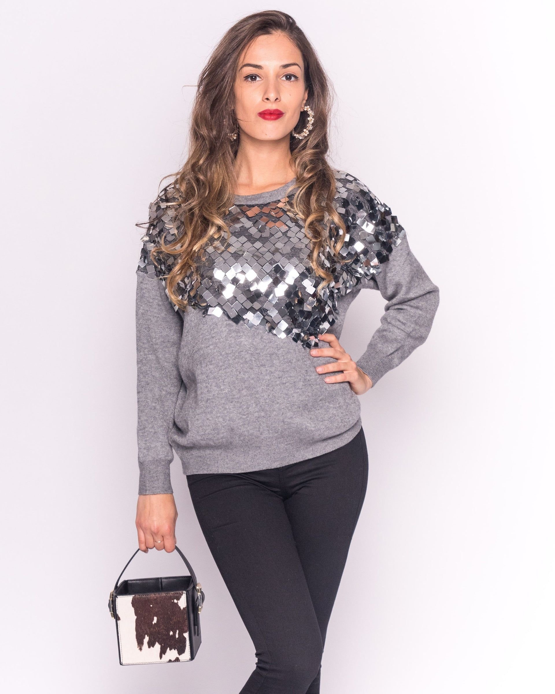 CY CY Women's Round-Neck Jumper with Mirror Sequin Embellishments in Grey - 4