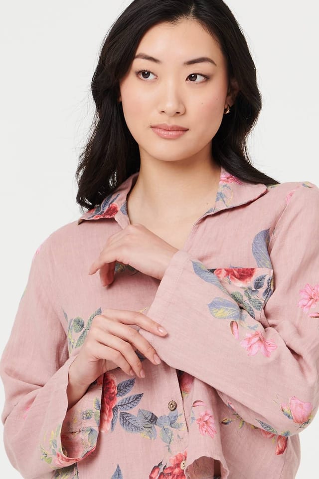 Izabel London Izabel London Women's Floral 3/4 Turn-Up Sleeve Cropped Shirt in Pink - 2