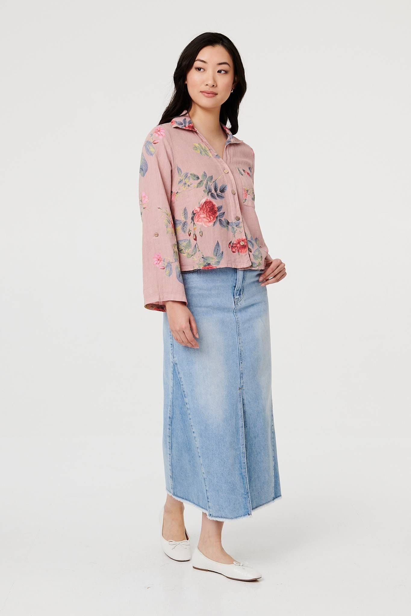 Izabel London Izabel London Women's Floral 3/4 Turn-Up Sleeve Cropped Shirt in Pink - 4